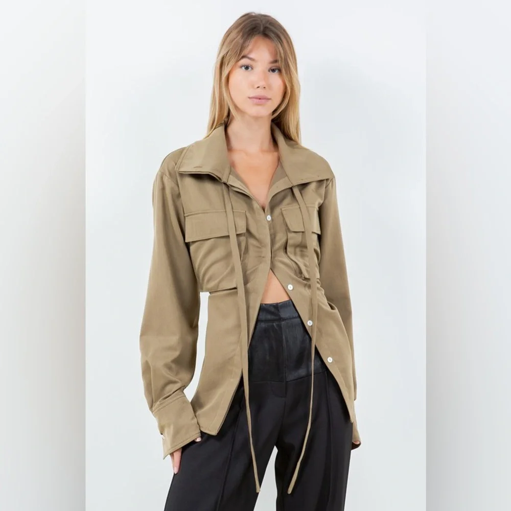 Khaki Button-Up Women's Top - Picture 1 of 6